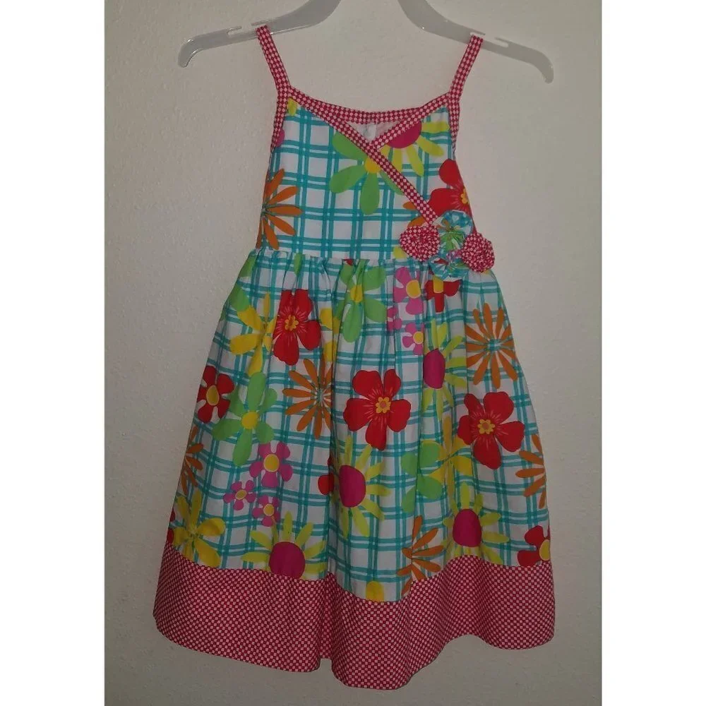 Marmellata Floral Toddler Girl Dress 4T Blue Plaid Red Yellow Pink Green Flowers
